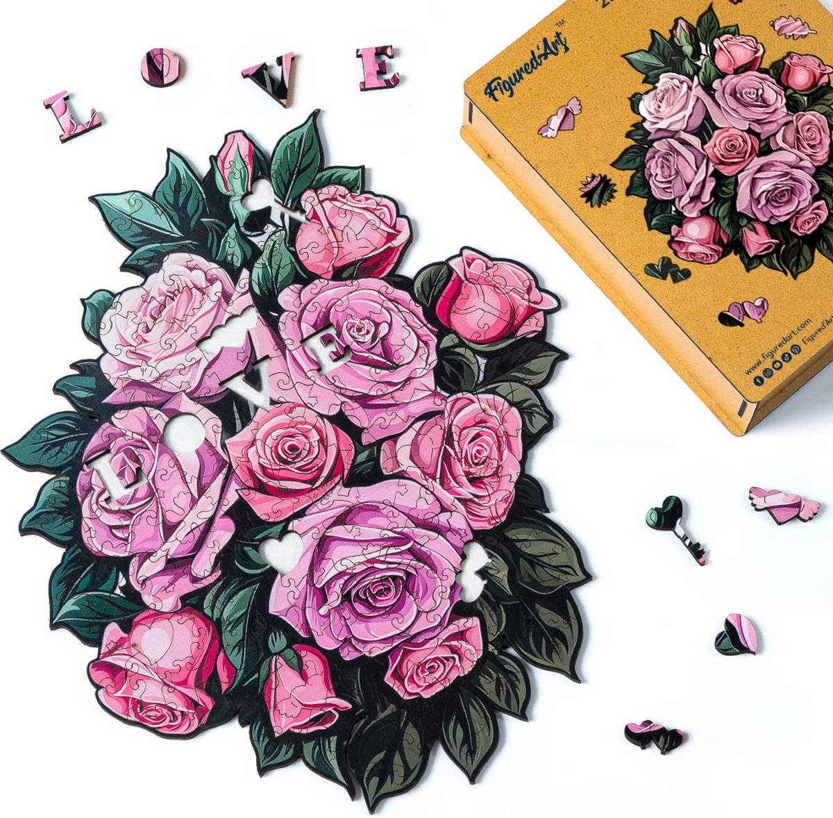 FiguredArt Houten Puzzel 200 Stukjes Volwassenen en Kinderen - Boeket Rozen - Uniek Design 29x34,8 cm met Premium Houten Doos, Perfect als Cadeau